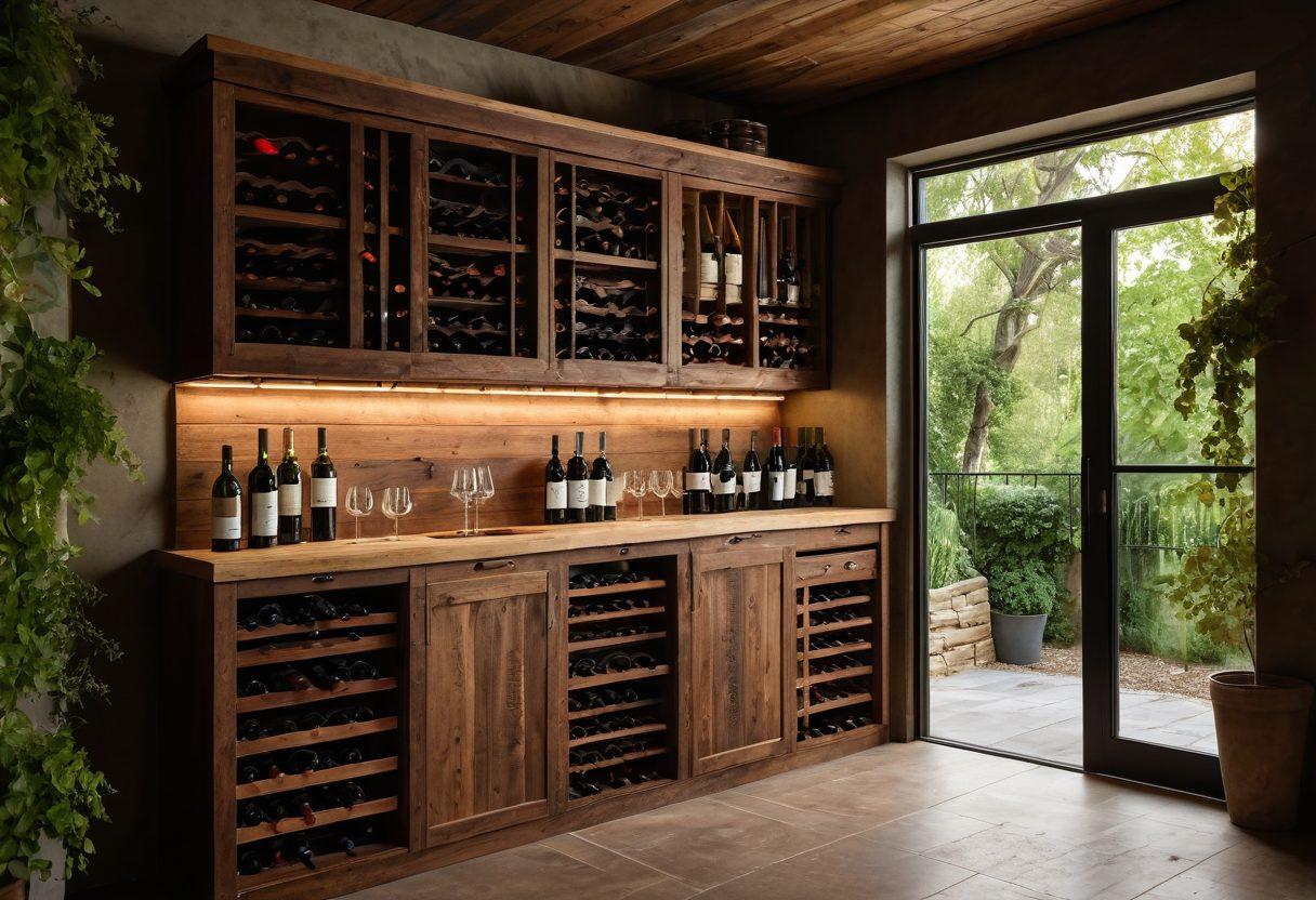 A rustic shed transformed into a wine management oasis, showcasing elegant wooden wine racks filled with diverse bottles, a temperature control system in the background, lush greenery visible through an open window, and soft ambient lighting creating a warm atmosphere. super-realistic. warm tones. vibrant colors.