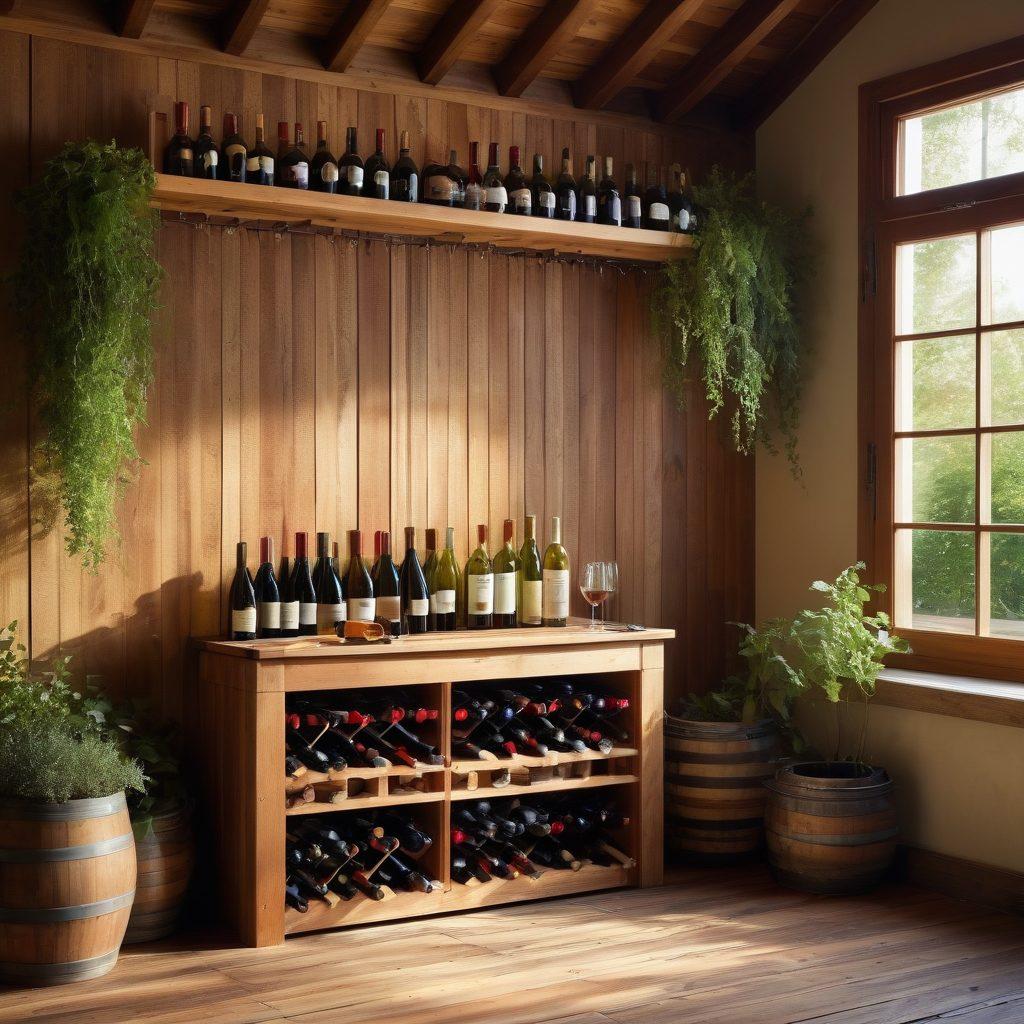A cozy outdoor shed filled with neatly organized wine racks, showcasing a variety of wine bottles. Sunlight filtering through the wooden slats creates playful patterns on the floor, while herbs and greenery peek through the window. A small table with a corkscrew and tasting glasses adds to the inviting atmosphere. Rustic wooden textures and vibrant wine colors enhance the scene’s charm. super-realistic. warm tones. natural lighting.