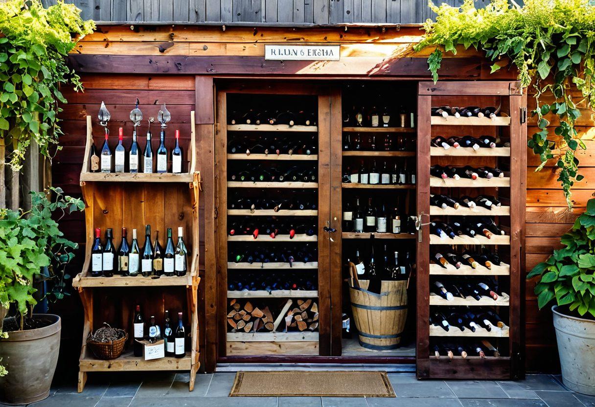 A beautifully organized outdoor shed filled with wine bottles, showcasing wooden shelves neatly arranged with various wine labels. Soft sunlight filters through the open door, illuminating the vibrant colors of the wine bottles. Add touches of greenery around the shed and a rustic charm with vines climbing on the walls. Include a small wine tasting area with glasses and a rustic table. super-realistic. vibrant colors. natural light.